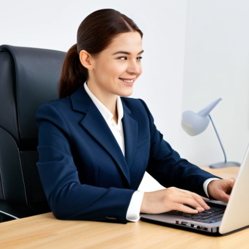 A professional businesswoman, wearing a modest business suit, sits at a modern desk. She is looking at a document on her computer screen with a satisfied expression, the screen displaying a perfectly aligned, consistent, and highly readable professional document. The office environment is bright and minimalist. Fully clothed, appropriate attire, professional dress, safe for work, appropriate content, family-friendly, perfect anatomy, correct proportions, natural pose, well-formed hands, proper finger count, natural body proportions, professional photography, high quality.