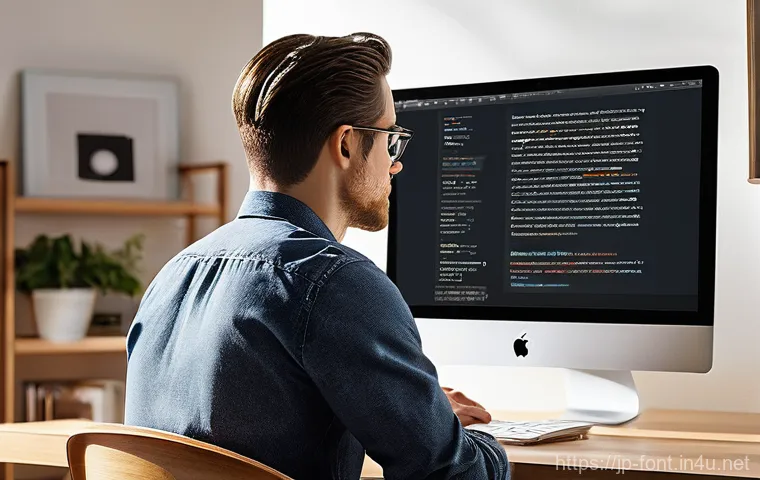 웹 브라우저에서 폰트 렌더링 문제 해결 - **Prompt:** A highly detailed, cinematic shot of a focused web designer (wearing a stylish, modern s...