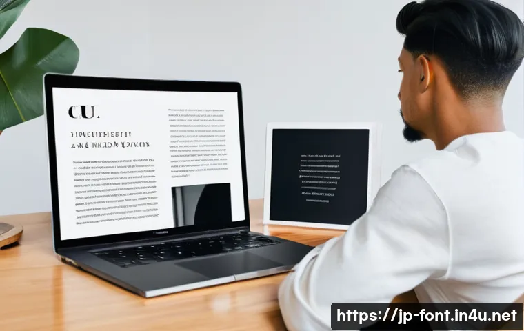 웹 문서와 인쇄 문서의 폰트 차이 - **Prompt:** "A thoughtful young graphic designer, in their late 20s, with a modern haircut and weari...