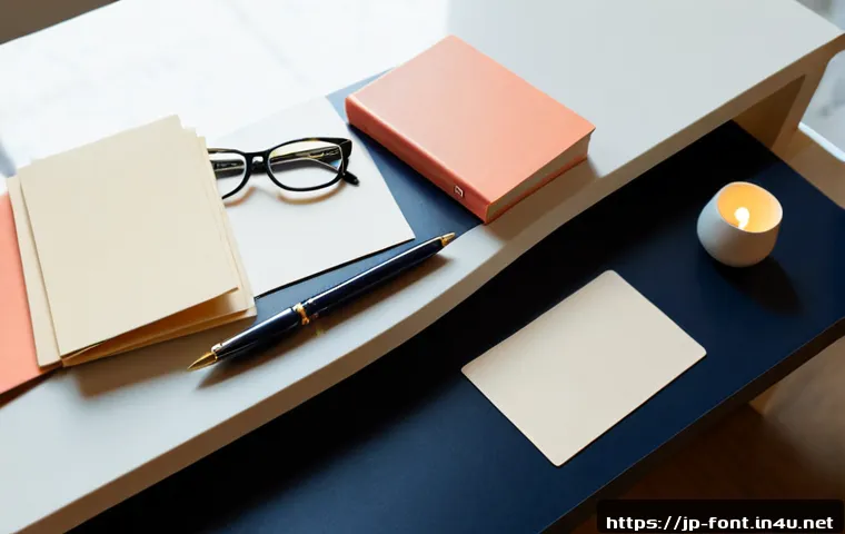 폰트와 배경 색상의 조화 팁 - Photorealistic overhead view of a Japanese designer’s clean workspace, carefully arranged blank crea...