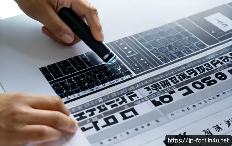 폰트 테스트를 위한 샘플 텍스트 활용법 - Photorealistic close-up of a Japanese graphic designer at a clean desk comparing several printed typ...